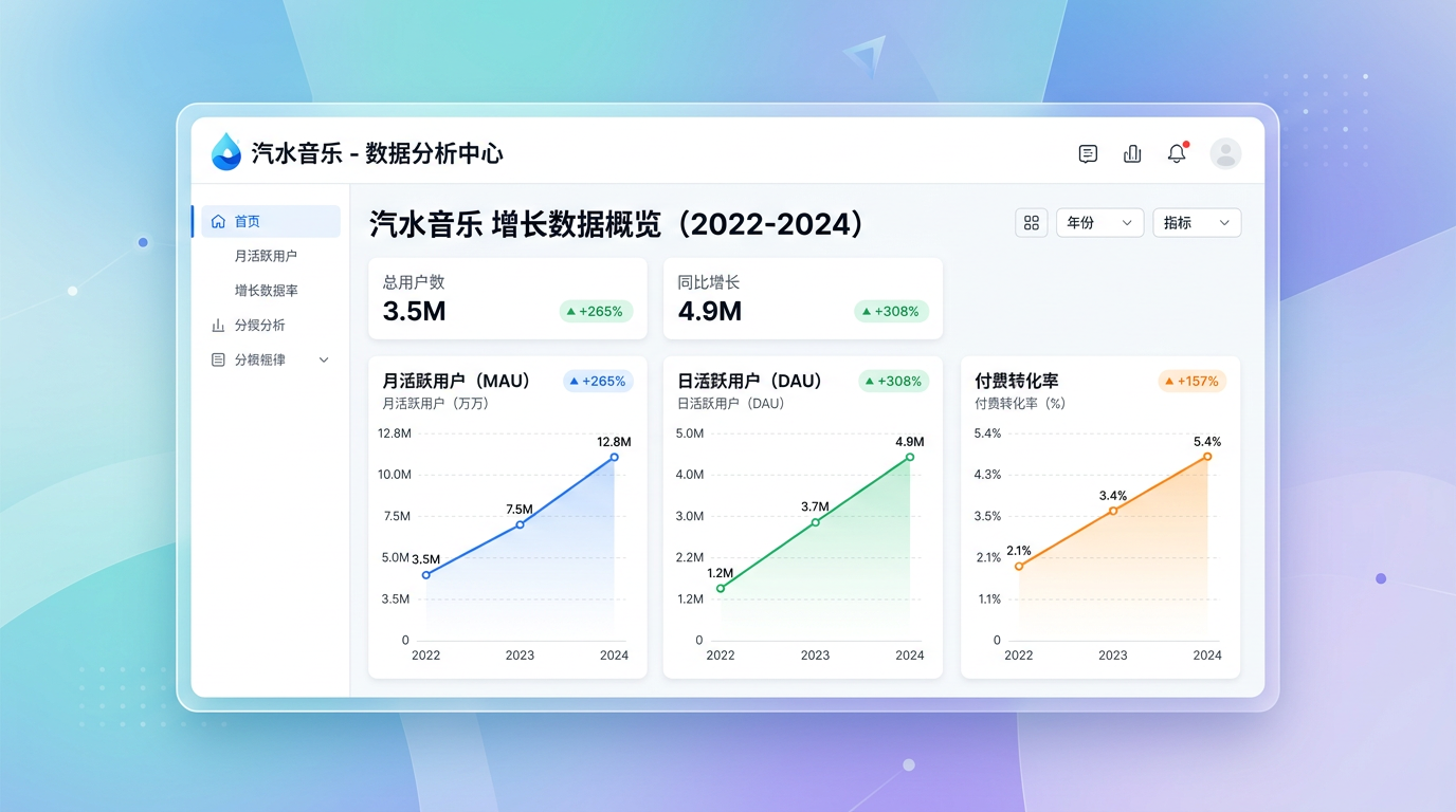汽水音乐2022-2024年月活日活增长曲线与核心数据概览