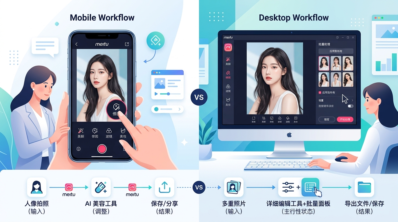 美图秀秀手机端与电脑版功能对比界面