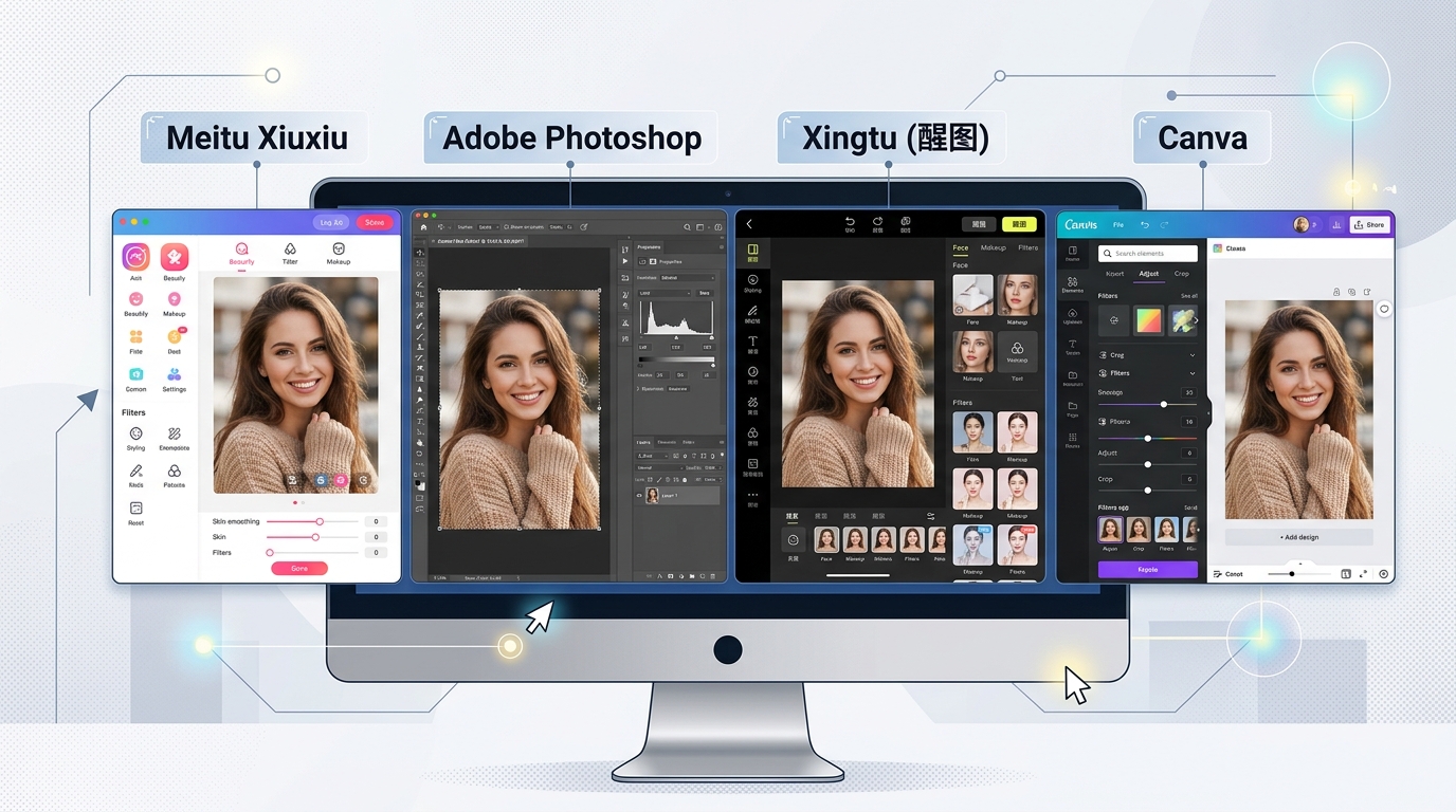美图秀秀电脑版与 Photoshop、醒图、Canva 四款修图软件横向对比界面