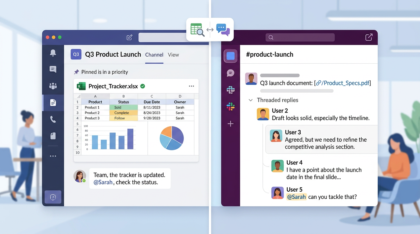 Teams 对比 Slack 频道结构与文档协同界面差异