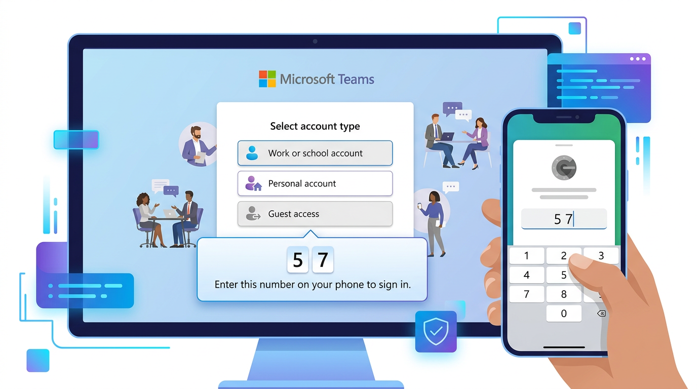 Teams电脑版登录界面与MFA数字匹配验证流程示意图