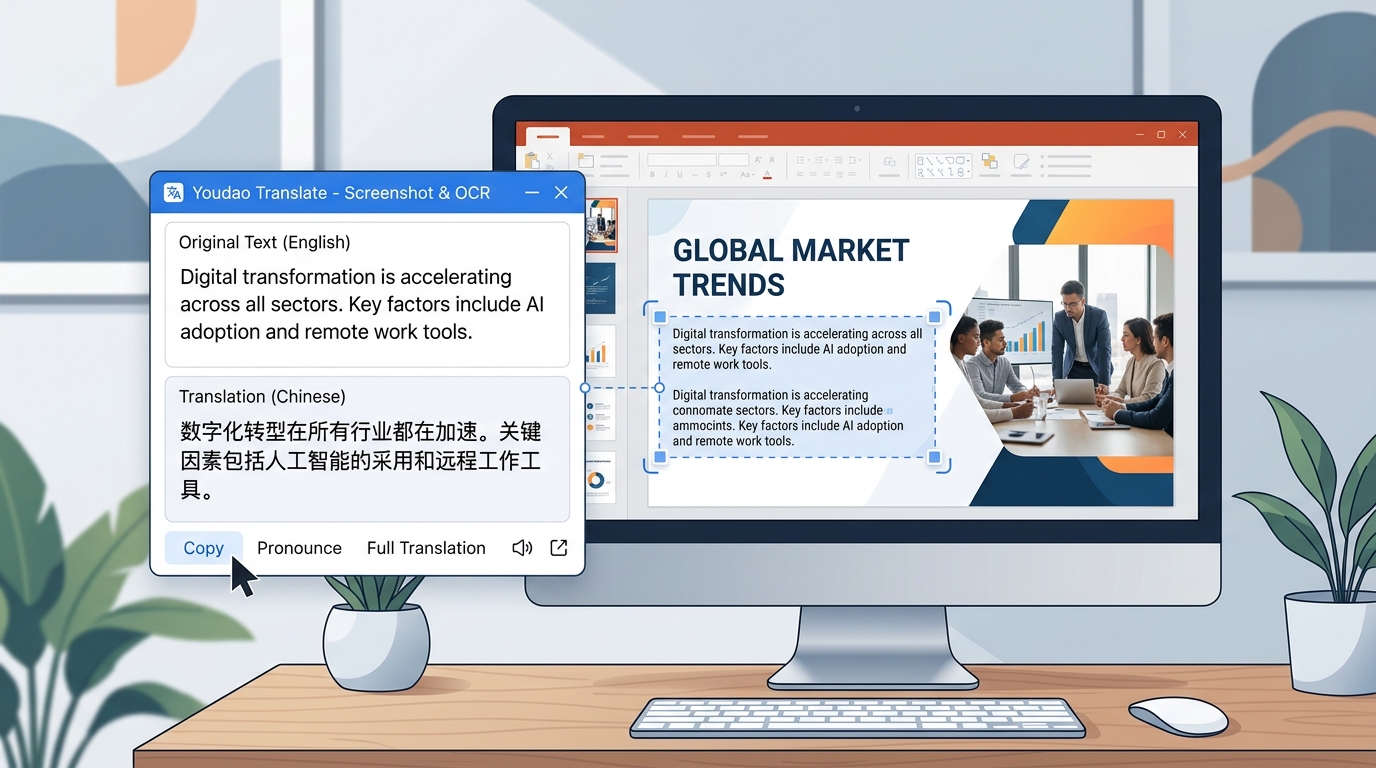 有道翻译截图翻译功能处理英文PPT的实操界面