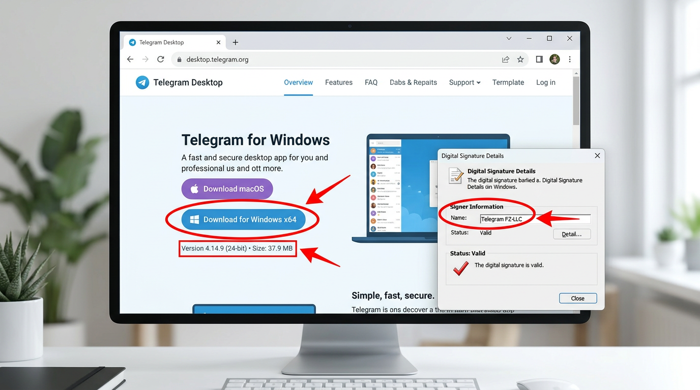 telegram电脑版官网下载页面与数字签名Telegram FZ-LLC验证示意图