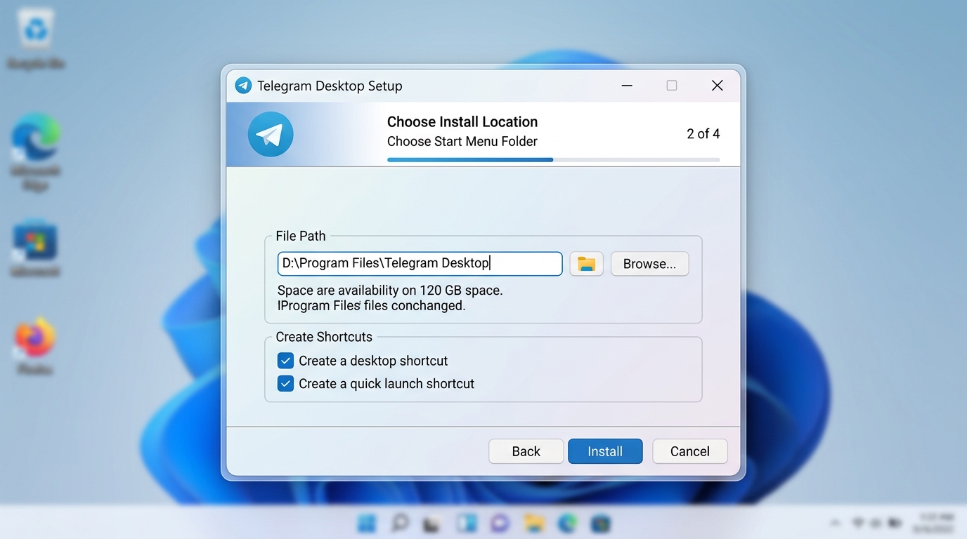 telegram电脑版 Windows 安装程序路径设置与快捷方式勾选界面