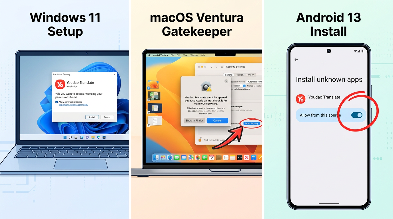 有道翻译下载后在 Windows、Mac、Android 三平台的安装步骤与报错解决截图