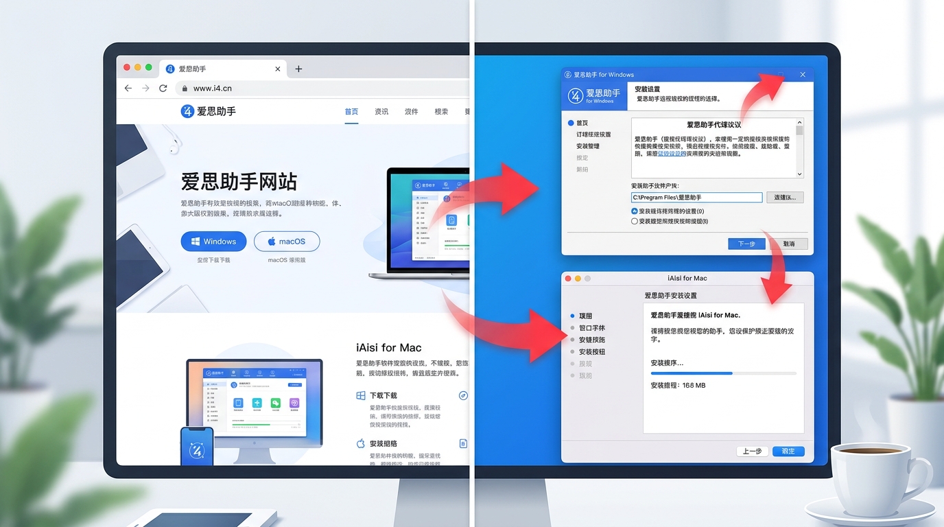 爱思助手 Windows 版与 Mac 版下载安装界面对比