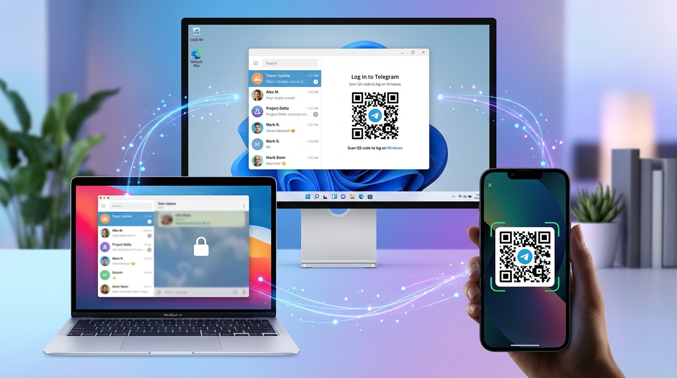 telegram电脑版手机扫码多设备同步登录示意图