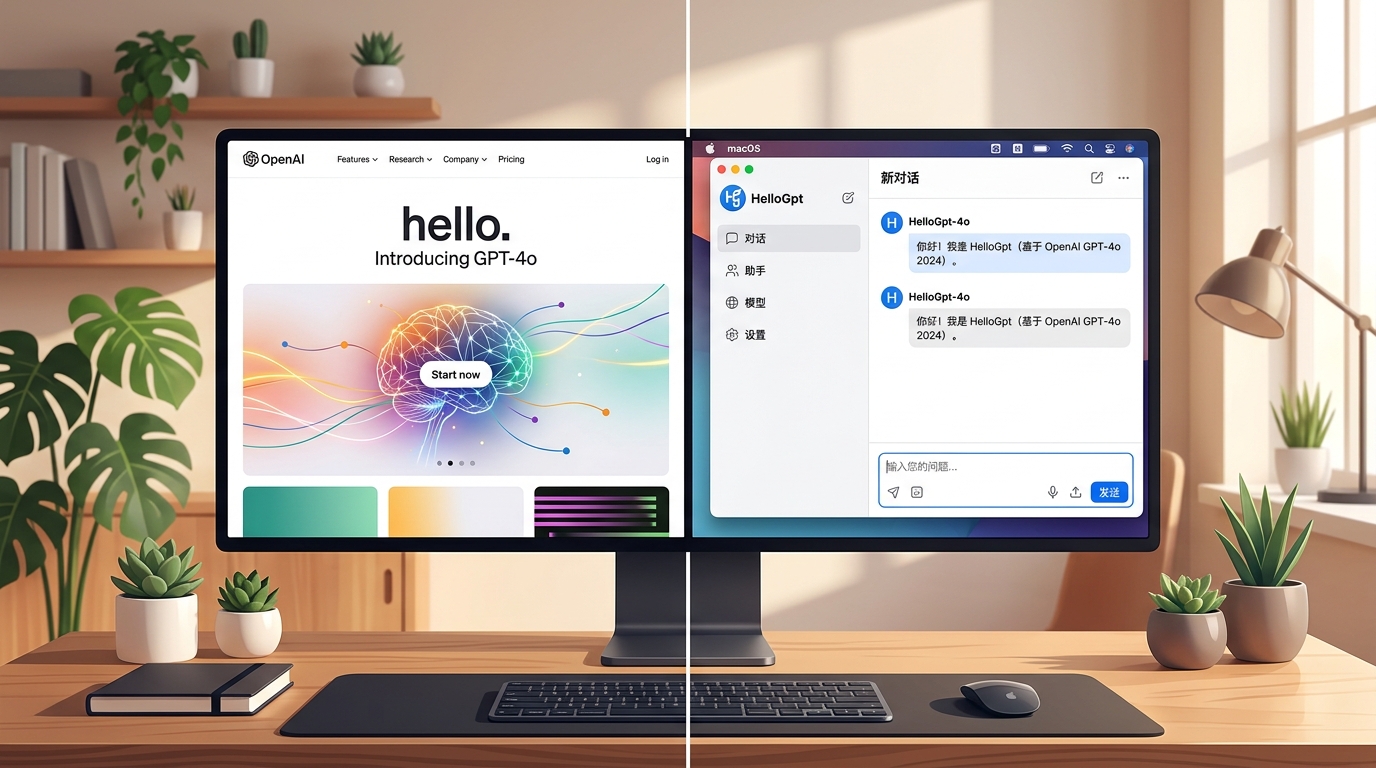 hello GPT 两种含义对照图 OpenAI 官方页面与 HelloGpt 客户端