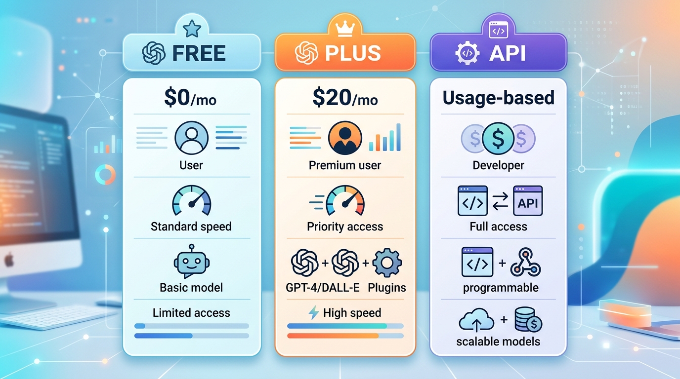 hello GPT 免费版 Plus 和 API 三种使用方式功能对比