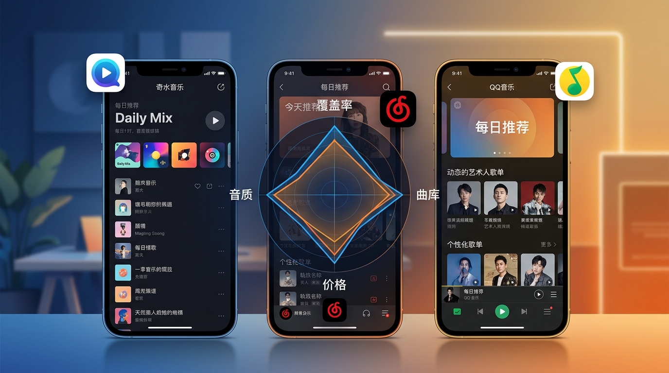 汽水音乐与网易云音乐、QQ音乐四项关键指标对比图