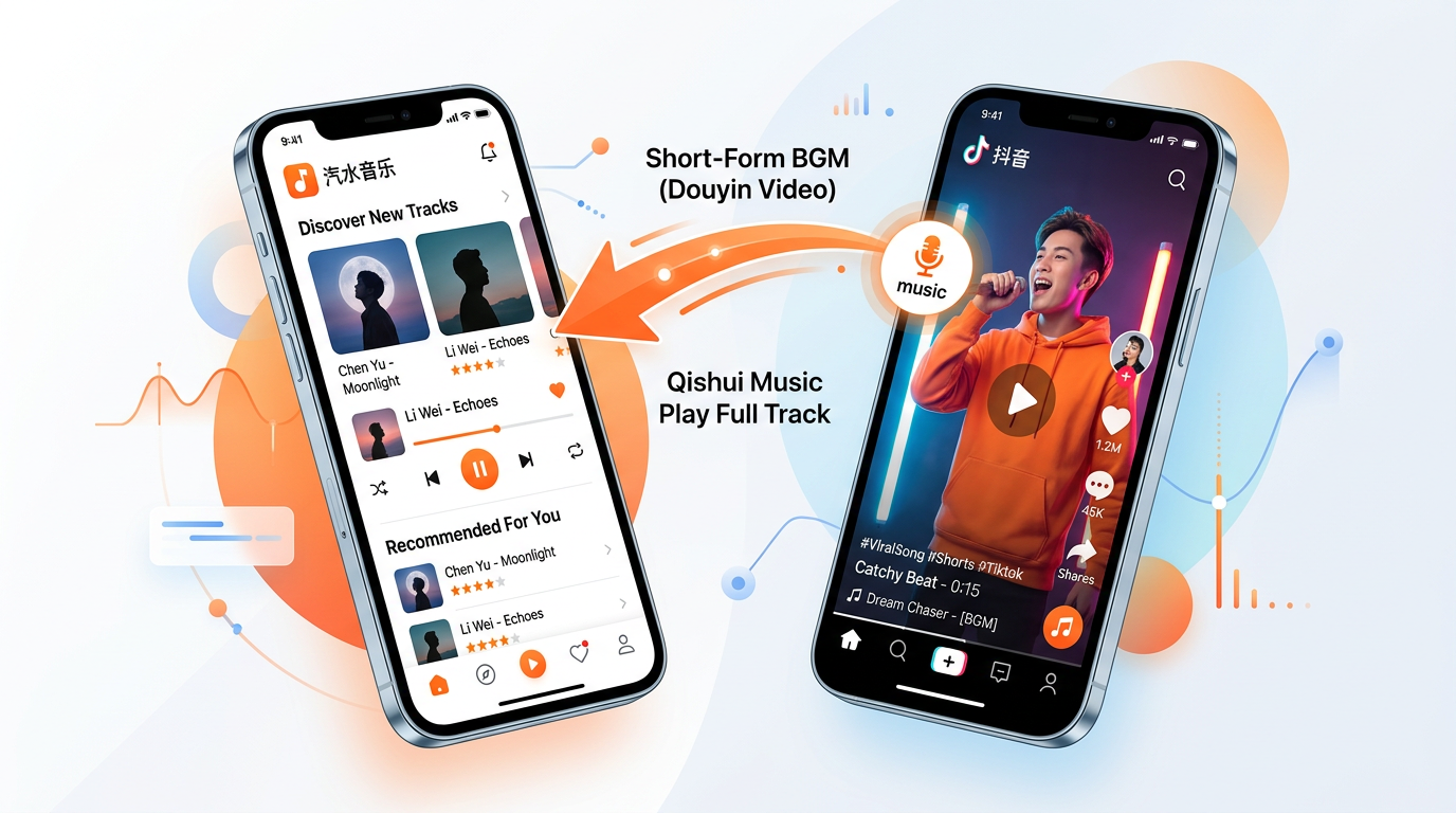 汽水音乐与抖音BGM完整版打通的产品生态示意图