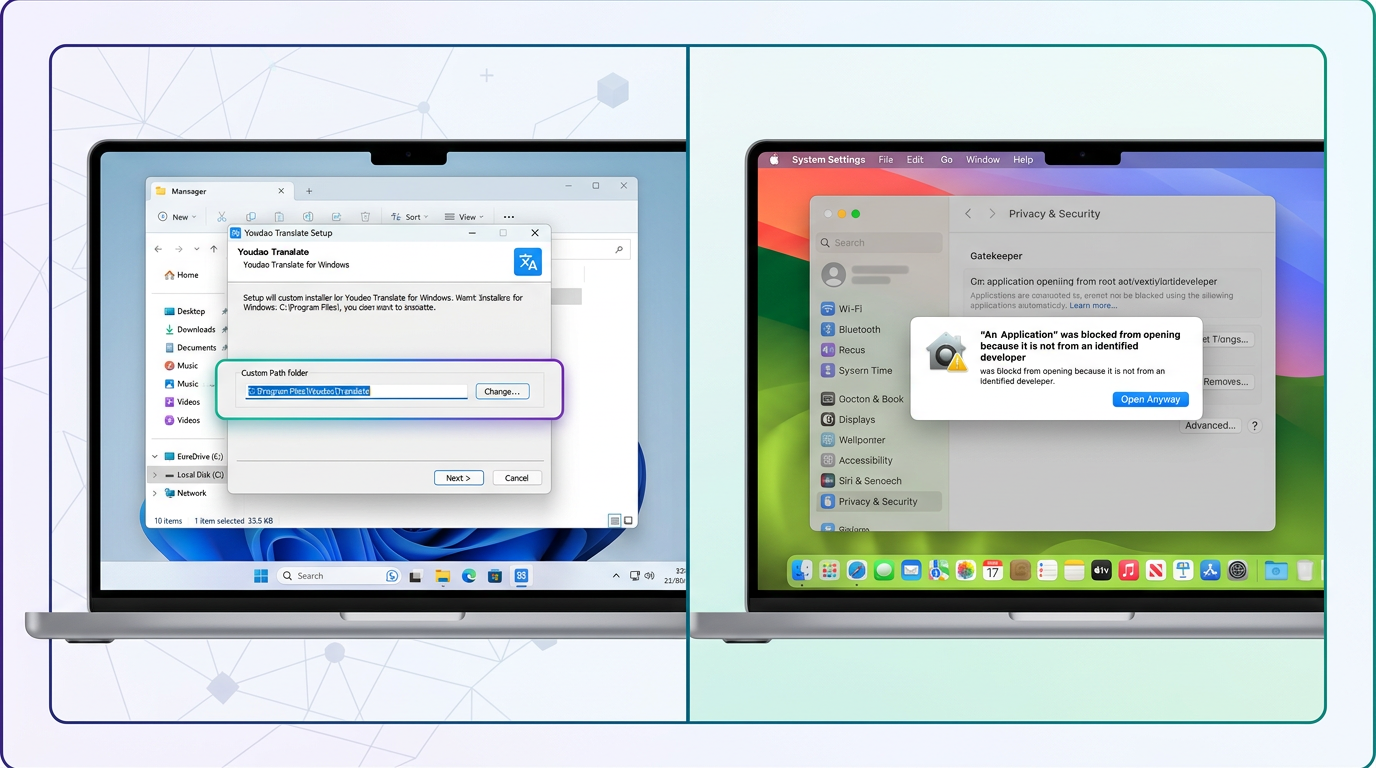 有道翻译下载后在 Windows 和 Mac 上的安装与 Gatekeeper 放行界面