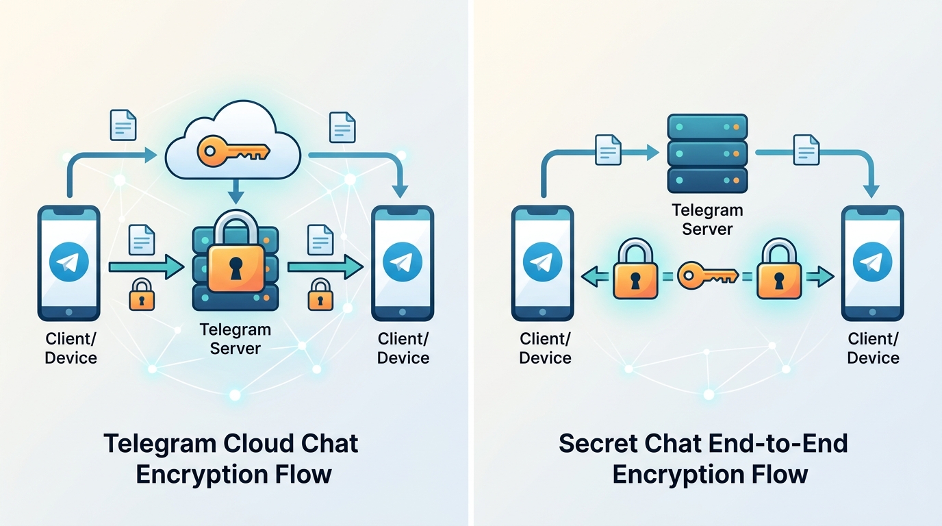Telegram 普通聊天与秘密聊天加密机制对比图