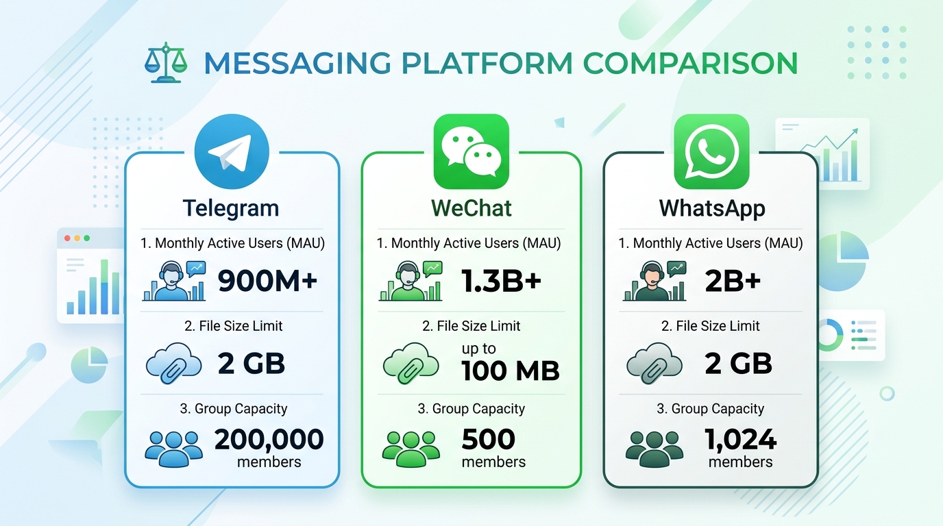 Telegram 与微信 WhatsApp 核心差异对比图