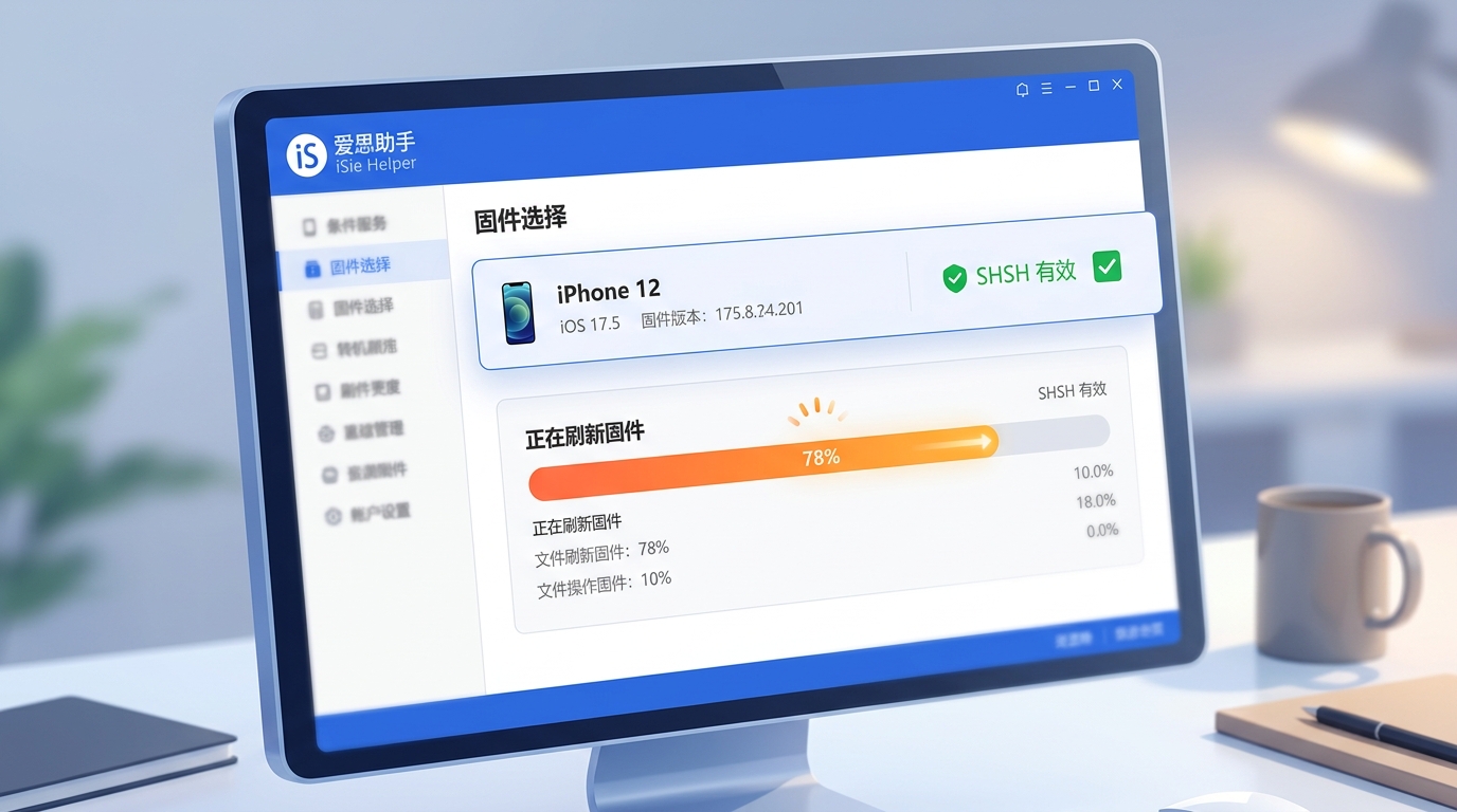 爱思助手电脑版一键刷机 iPhone 12 保资料刷机进度界面