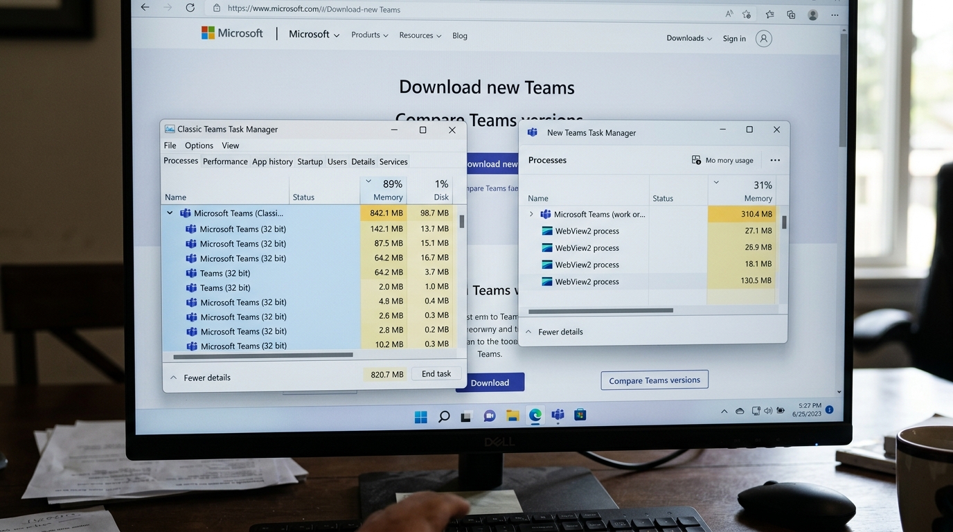 Teams 新版 2.0 与经典版内存占用实测对比截图