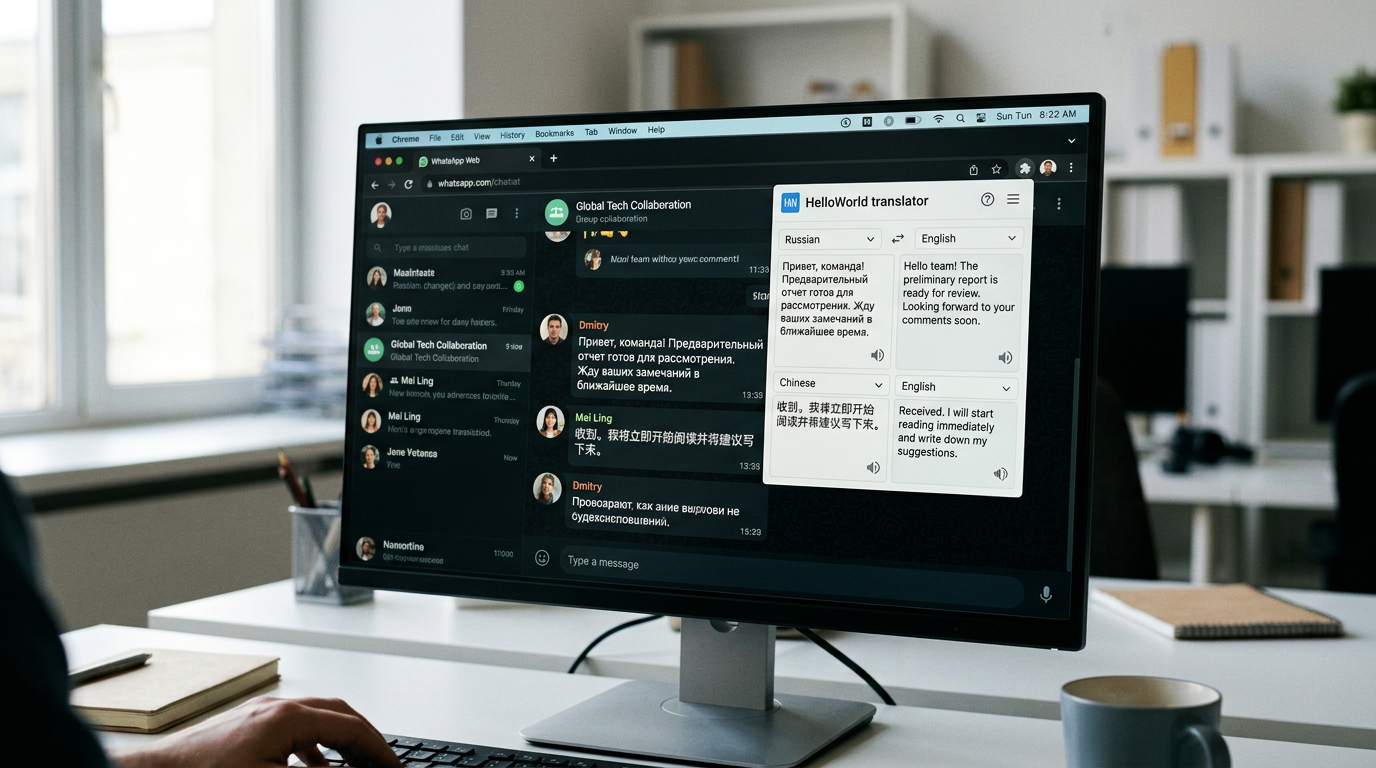 hello word 翻译器在 WhatsApp 聊天窗口中的实时双向翻译界面