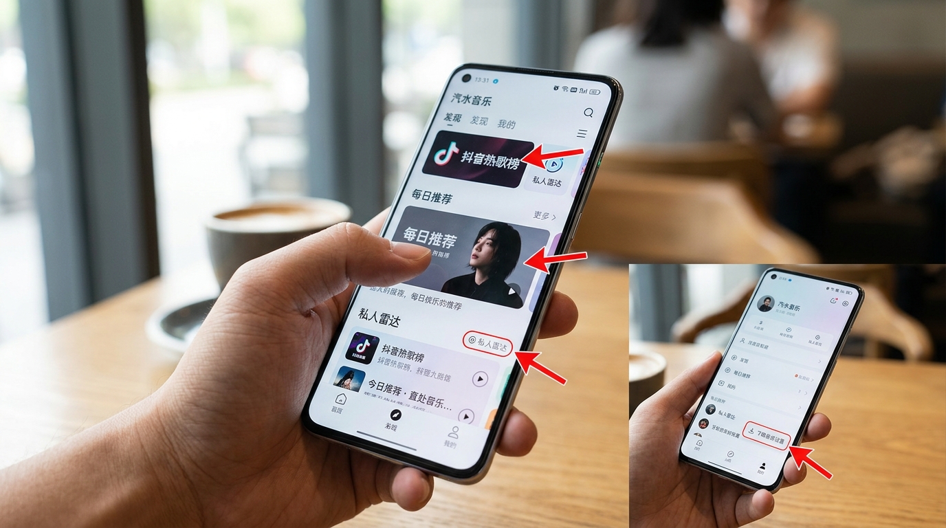汽水音乐核心功能入口截图 抖音热歌榜与个性化推荐设置界面