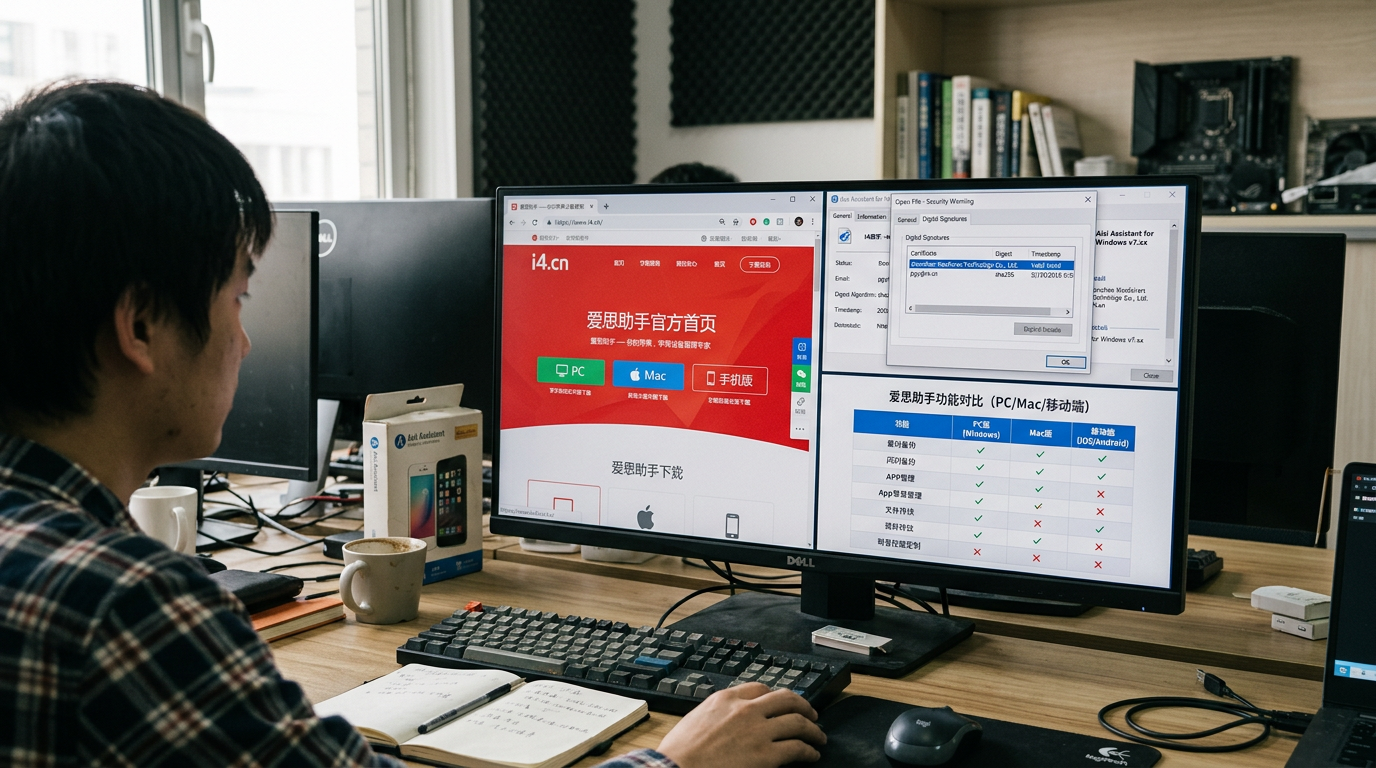 爱思助手官方下载地址 i4.cn 与 Windows PC 版安装流程对比图
