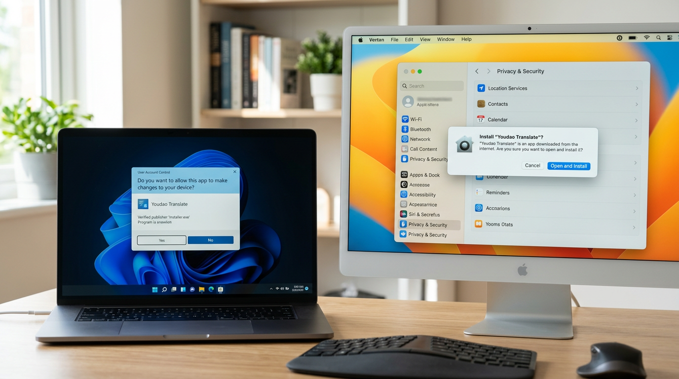 有道翻译电脑版下载后Windows与Mac安装权限设置对比图