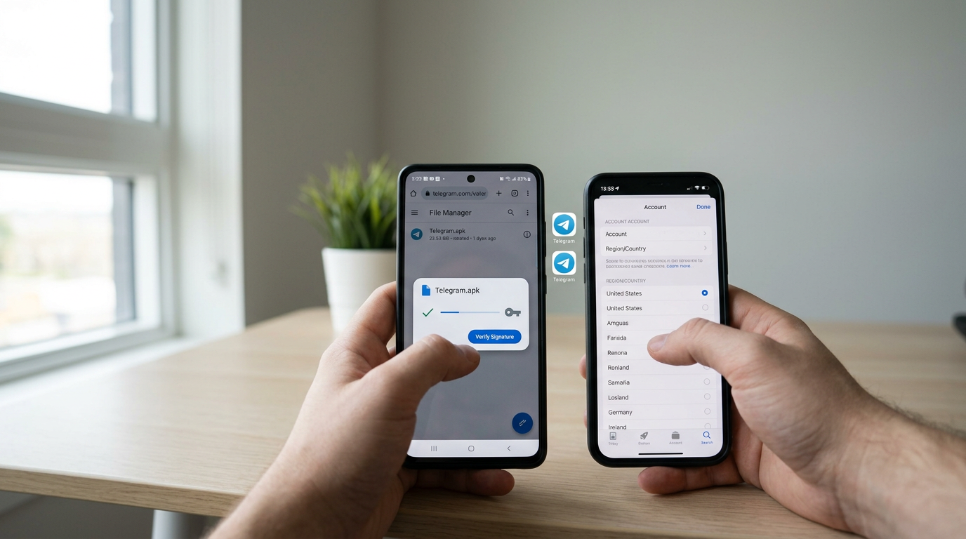 Telegram下载安卓APK与iOS切换非中国区Apple ID操作界面对比