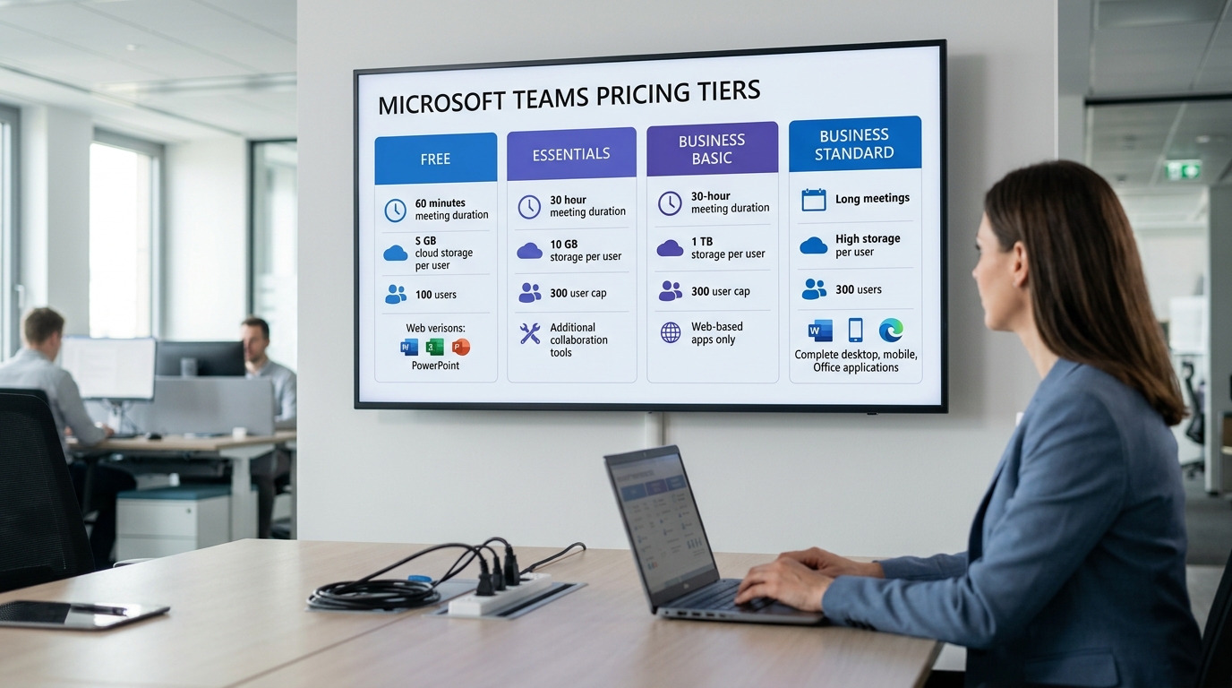Microsoft Teams 免费版、Essentials、Business Basic、Standard 四档价格与功能对比速查表