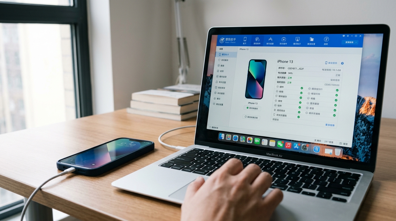 爱思助手连接iPhone进行验机和设备管理的界面截图