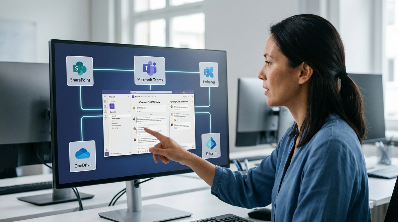 Microsoft Teams作为Microsoft 365协作中枢的架构示意图