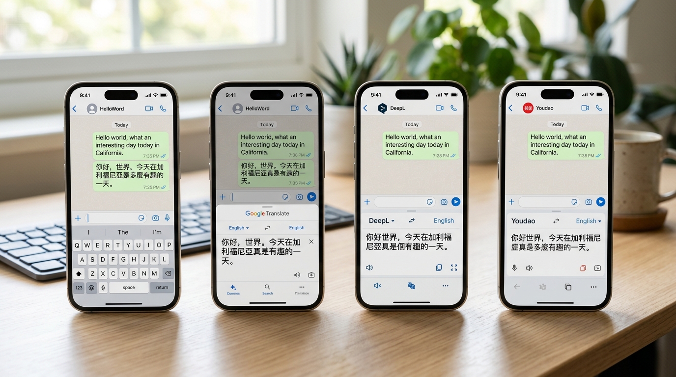 hello word翻译器与谷歌DeepL有道横向对比