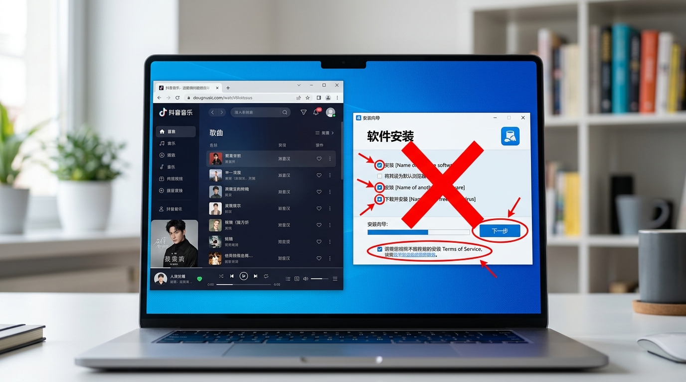 汽水音乐电脑版正版网页与第三方捆绑安装包对比