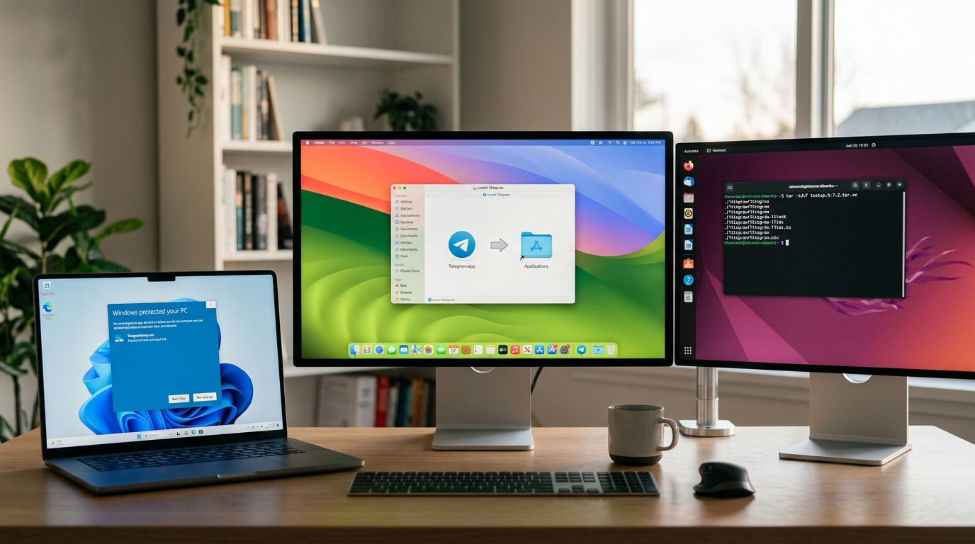 telegram电脑版在Windows、Mac、Linux三系统的安装界面对比