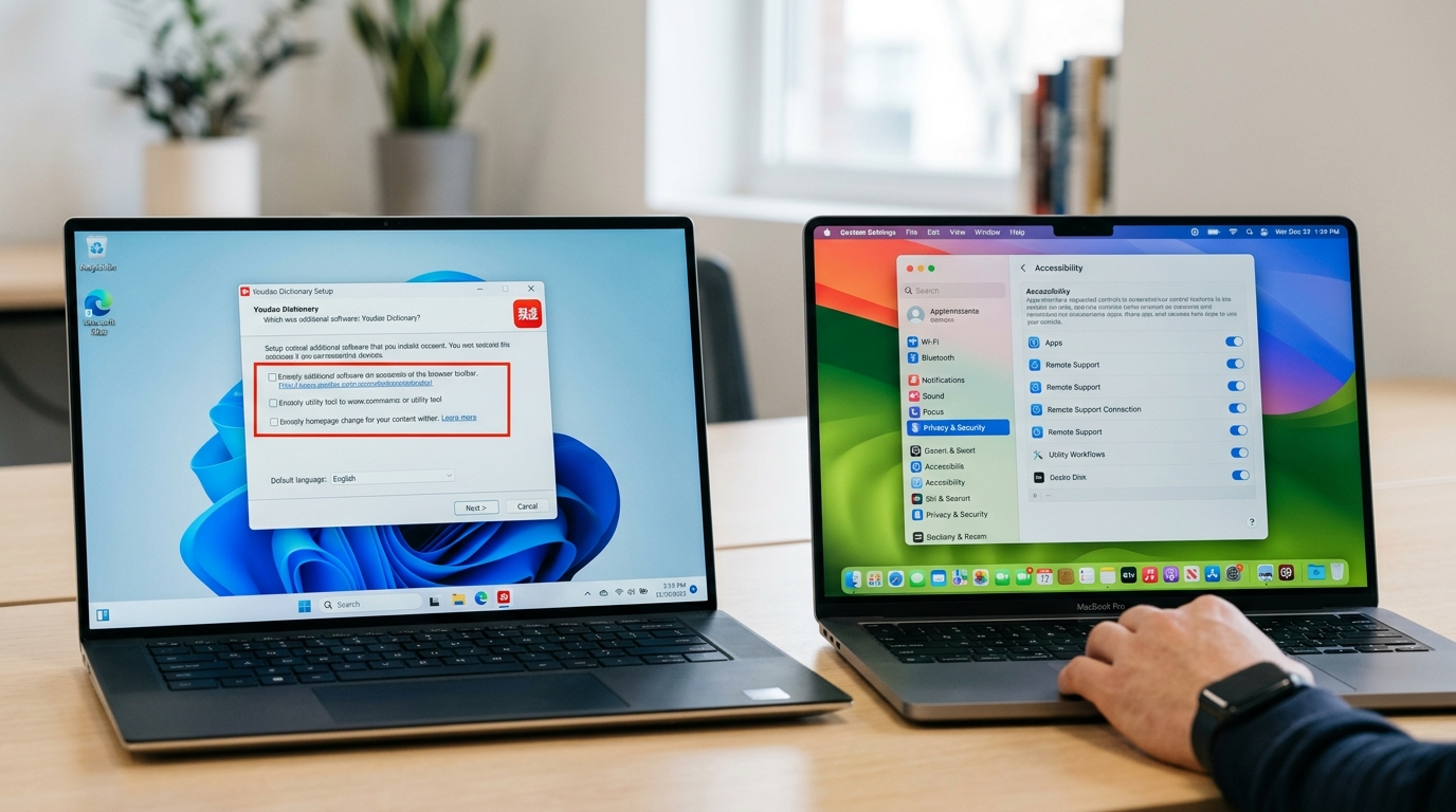 有道翻译下载 Win11 和 macOS 安装步骤捆绑选项取消示意图