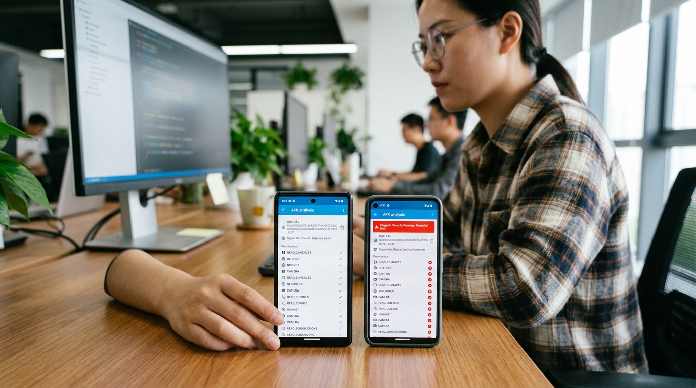 汽水音乐下载 APK 签名与权限核验示意图