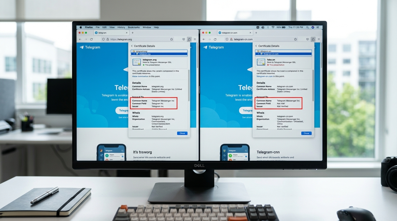 telegram官网下载真假域名对比与SSL证书核验截图