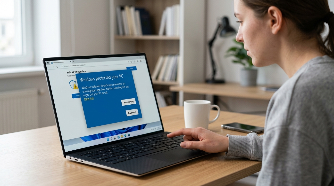 hello word 翻译器官网下载后 Windows Defender 弹窗处理示意