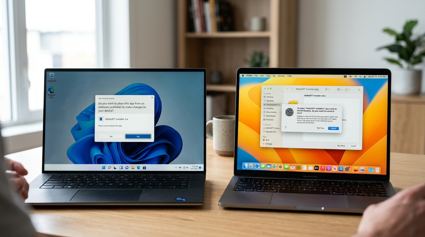 helloGPT电脑版下载在 Windows 与 macOS 上的安装界面对比