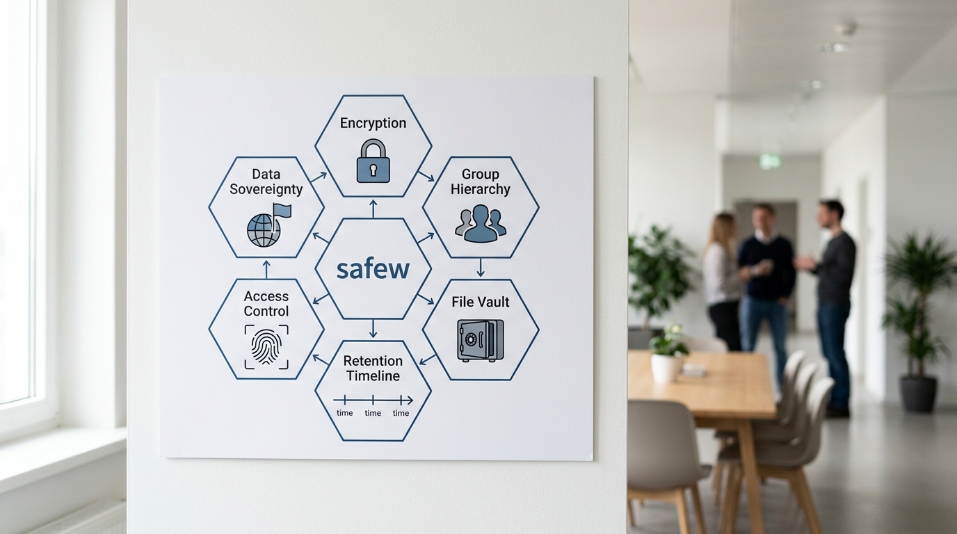 safew 七大核心功能拆解示意图 含加密消息群组权限与搜索归档