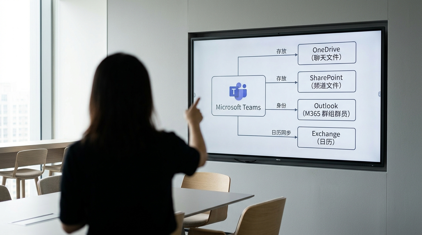 Microsoft Teams 与 OneDrive SharePoint Outlook 的数据流关系图