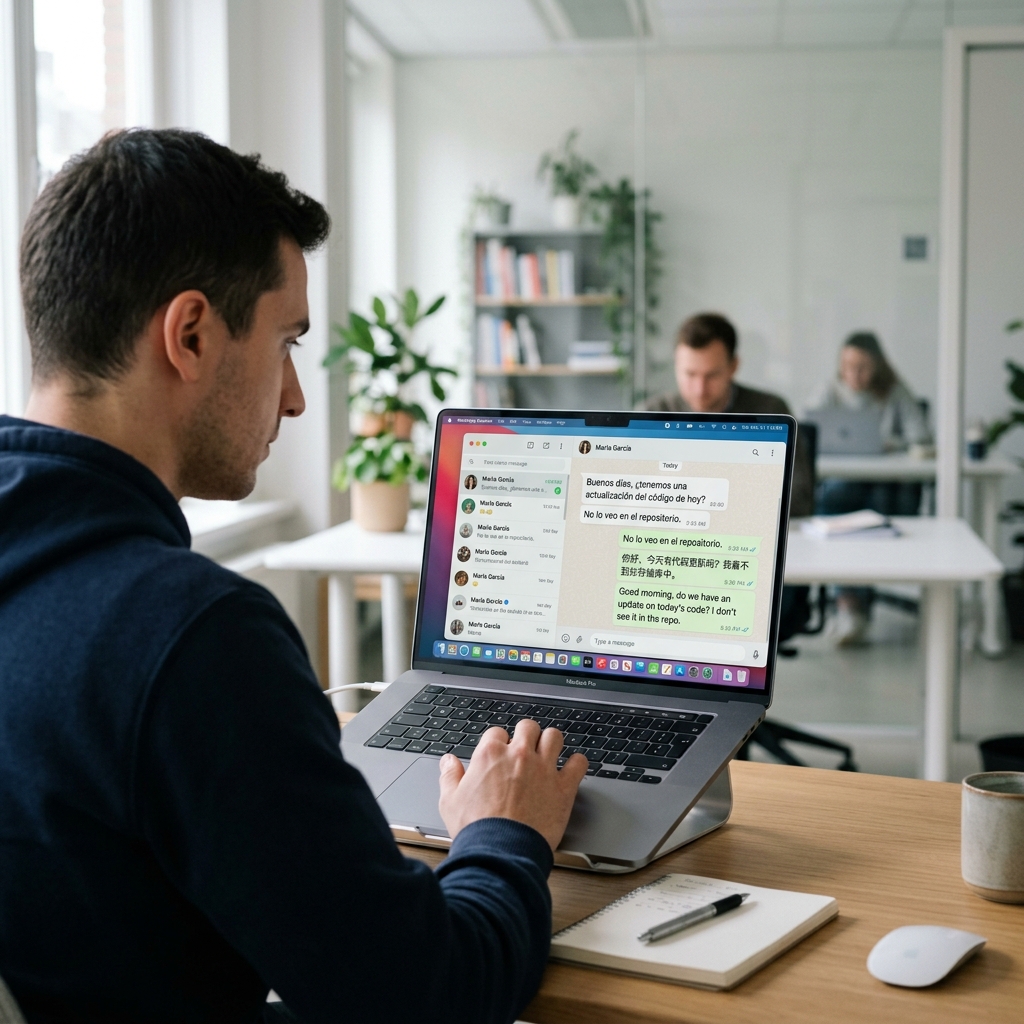 helloword翻译器在WhatsApp桌面端实时翻译聊天界面示意图
