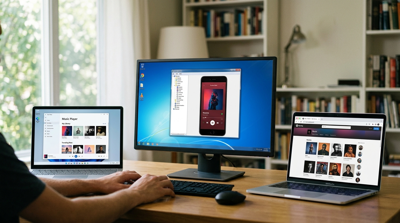 汽水音乐电脑版在 Windows 11、Windows 7 和 Mac 三种系统的安装界面对比