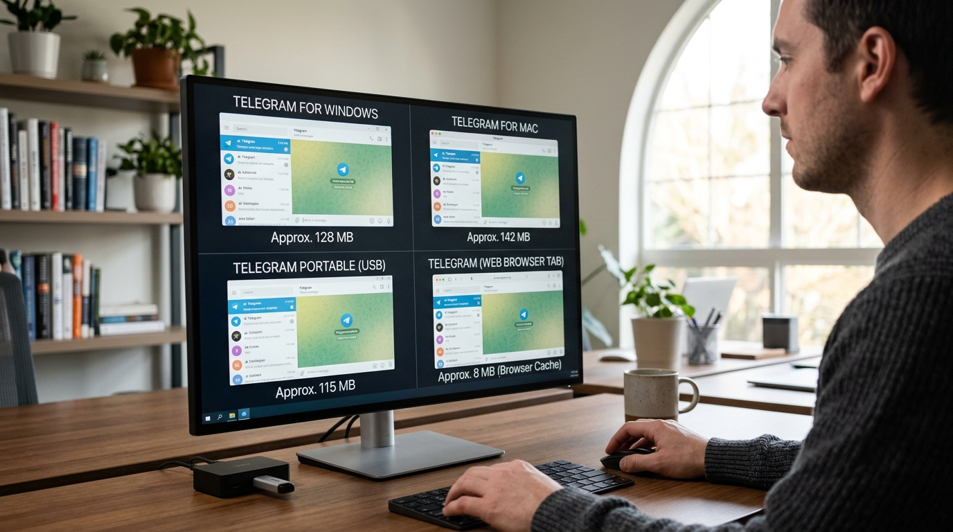 telegram电脑版四种官方版本体积与界面对比图