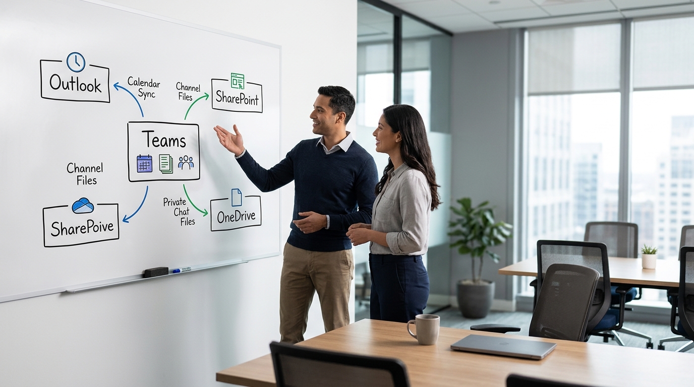 Teams 与 Outlook OneDrive SharePoint 数据互通逻辑示意图