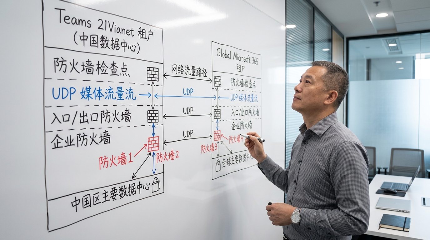 Teams 世纪互联版与国际版在中国大陆的网络架构与访问差异对比图