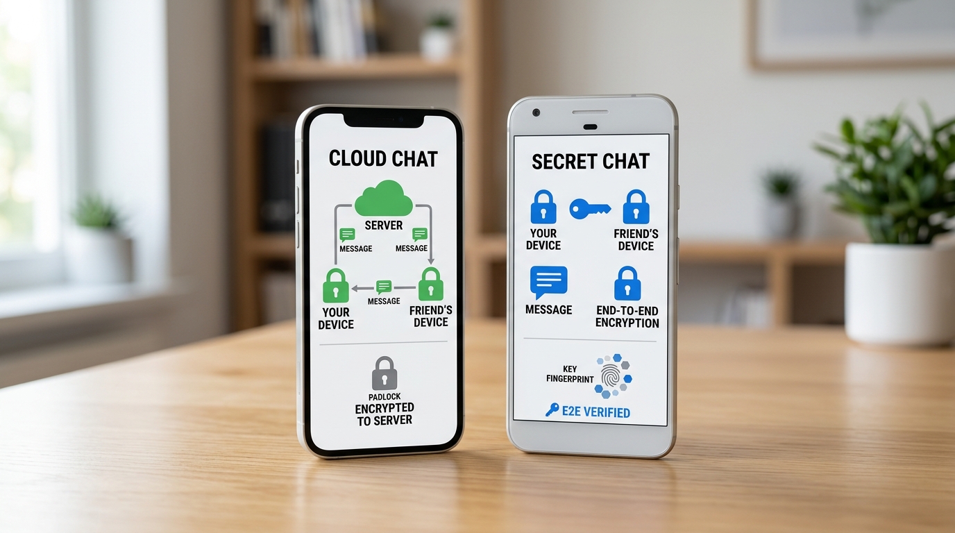 telegram 云聊天与秘密聊天端到端加密差异示意图