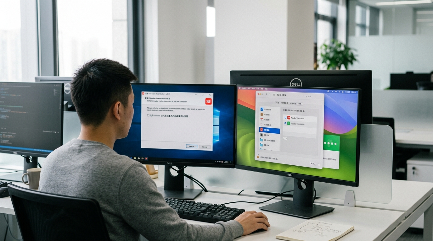 有道翻译下载安装后 Windows 与 macOS 权限设置界面