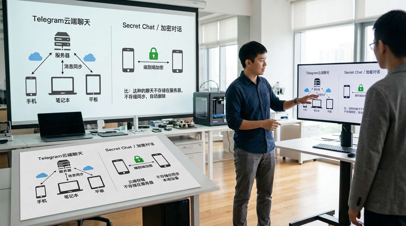 Telegram 端到端加密与默认云端聊天安全机制对比图