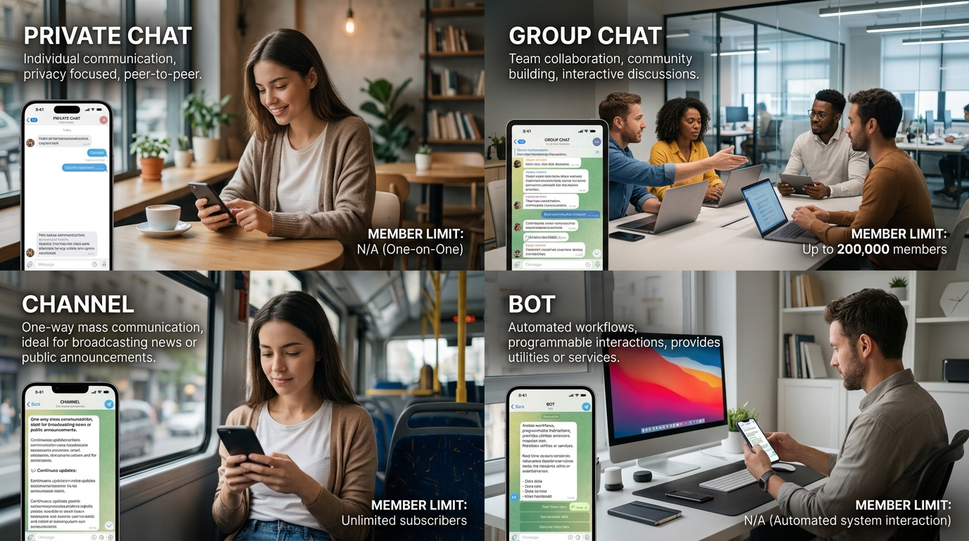 Telegram 私聊群组频道机器人功能区别图解
