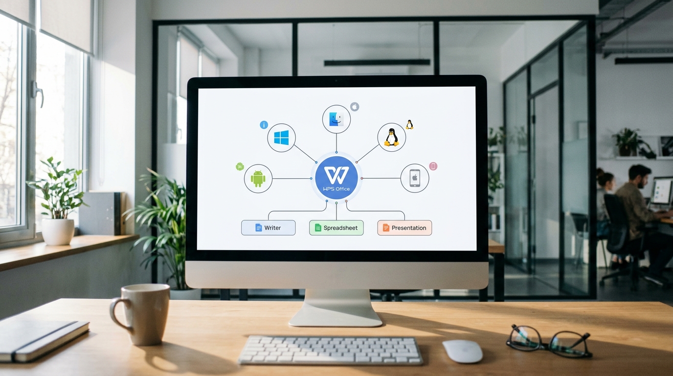 WPS 办公套件三大组件与五大平台支持示意图