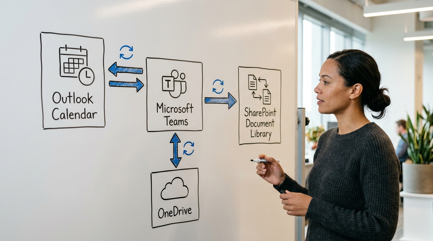 Teams 与 Outlook OneDrive SharePoint 集成路径示意图