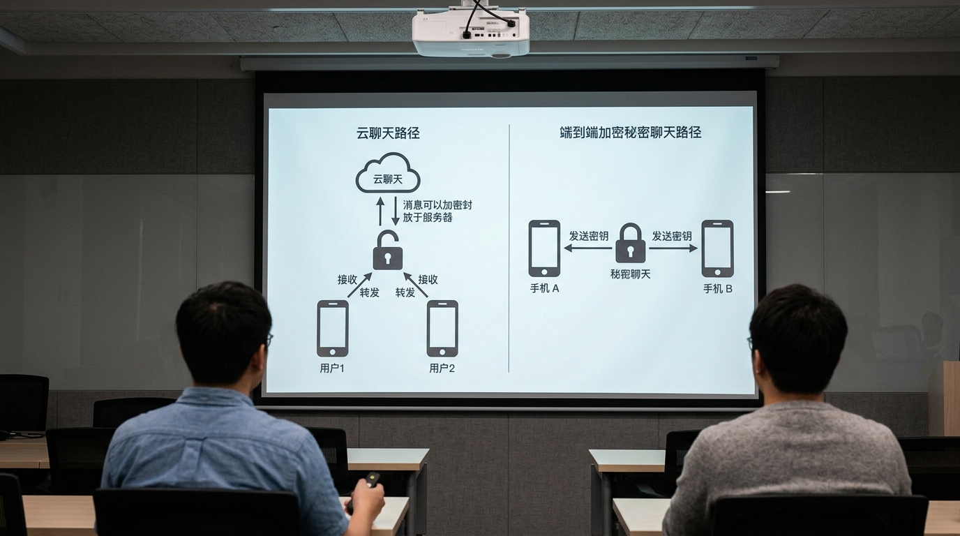 Telegram 端到端加密与云聊天 MTProto 服务器端加密对比示意图